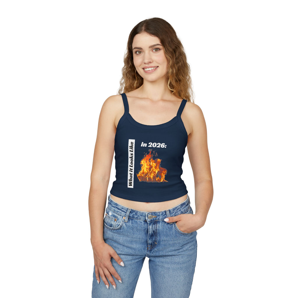 Flaming 2026 Graphic Crop Tank Top — Women's Spaghetti Strap