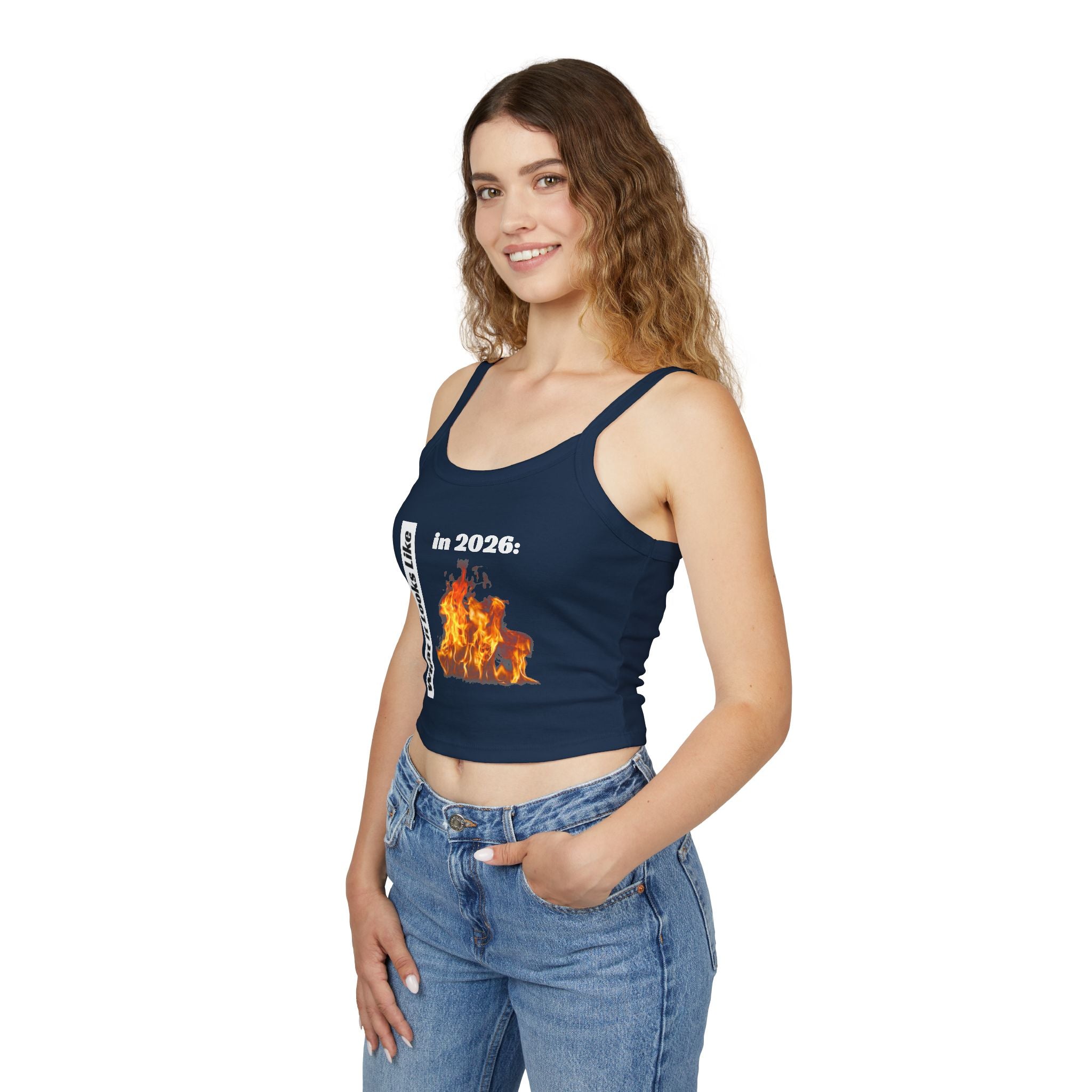 Flaming 2026 Graphic Crop Tank Top — Women's Spaghetti Strap