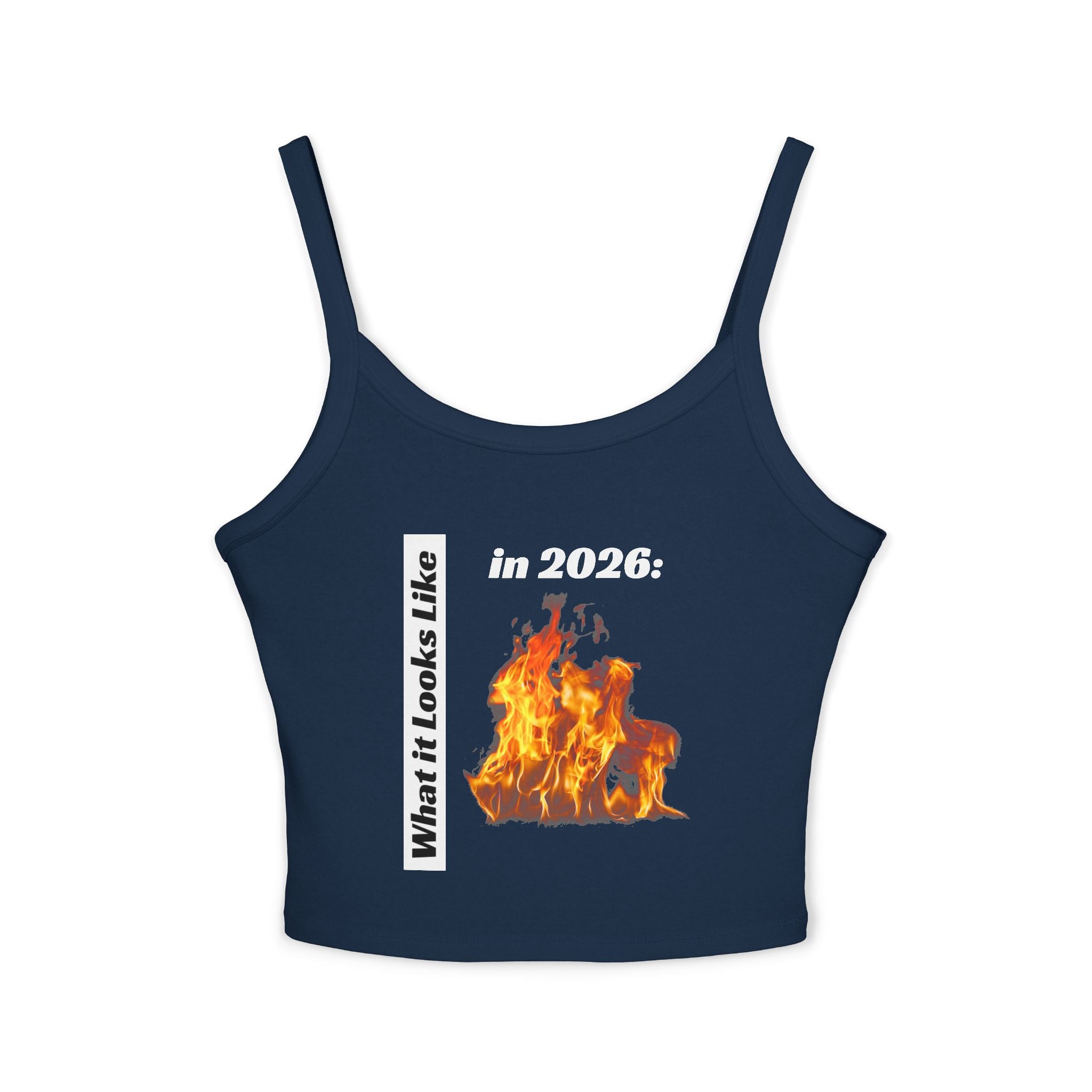 Flaming 2026 Graphic Crop Tank Top — Women's Spaghetti Strap