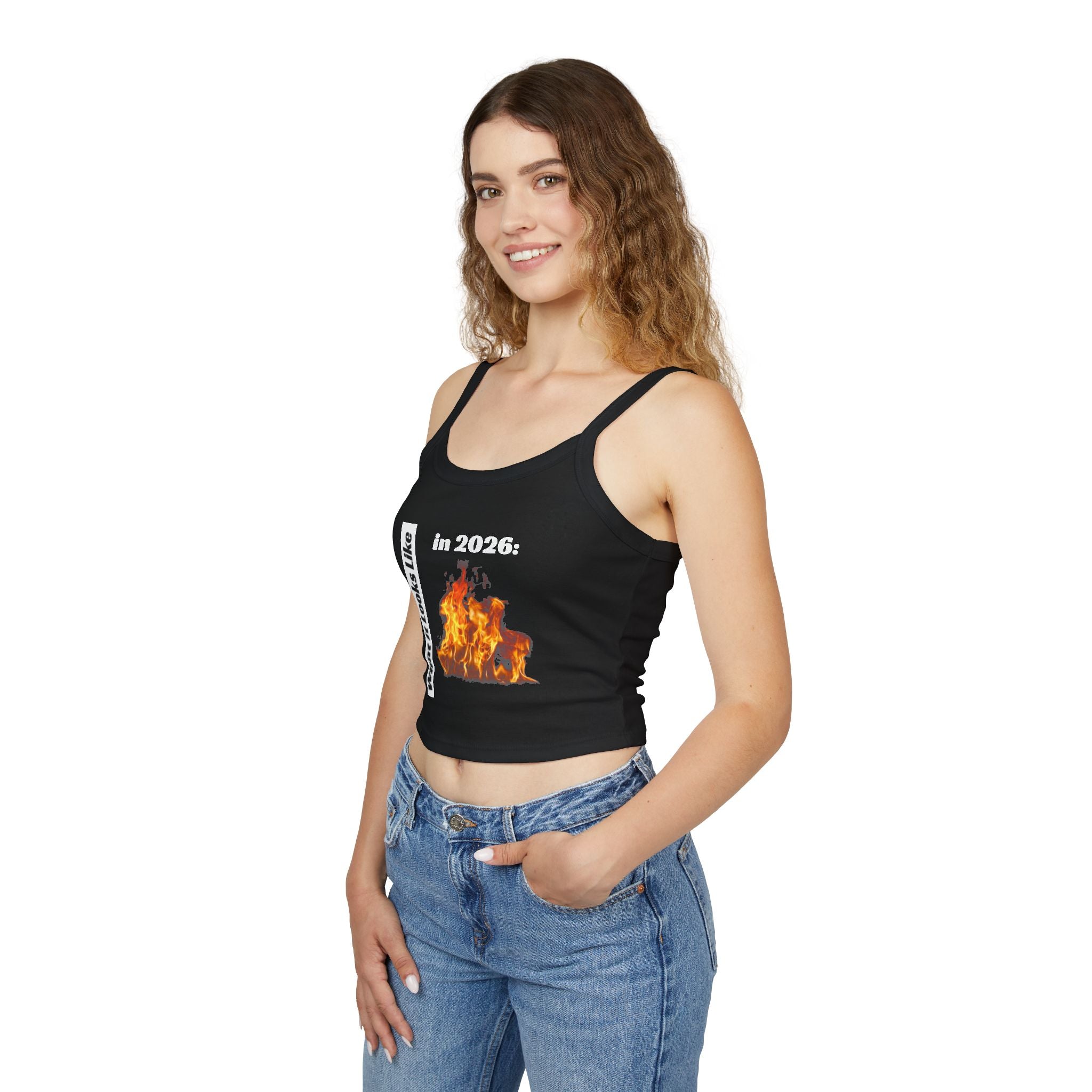 Flaming 2026 Graphic Crop Tank Top — Women's Spaghetti Strap
