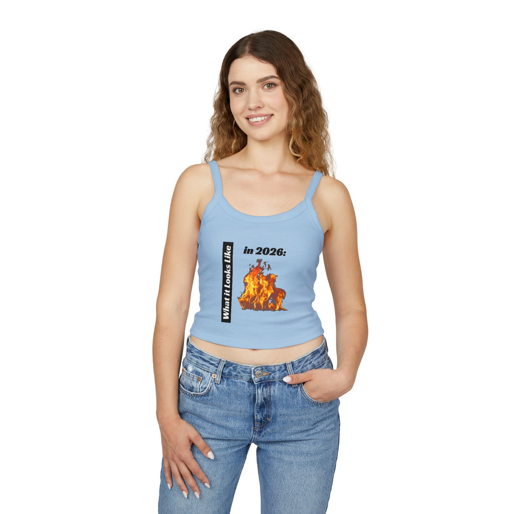 Flaming 2026 Graphic Crop Tank Top — Women's Spaghetti Strap