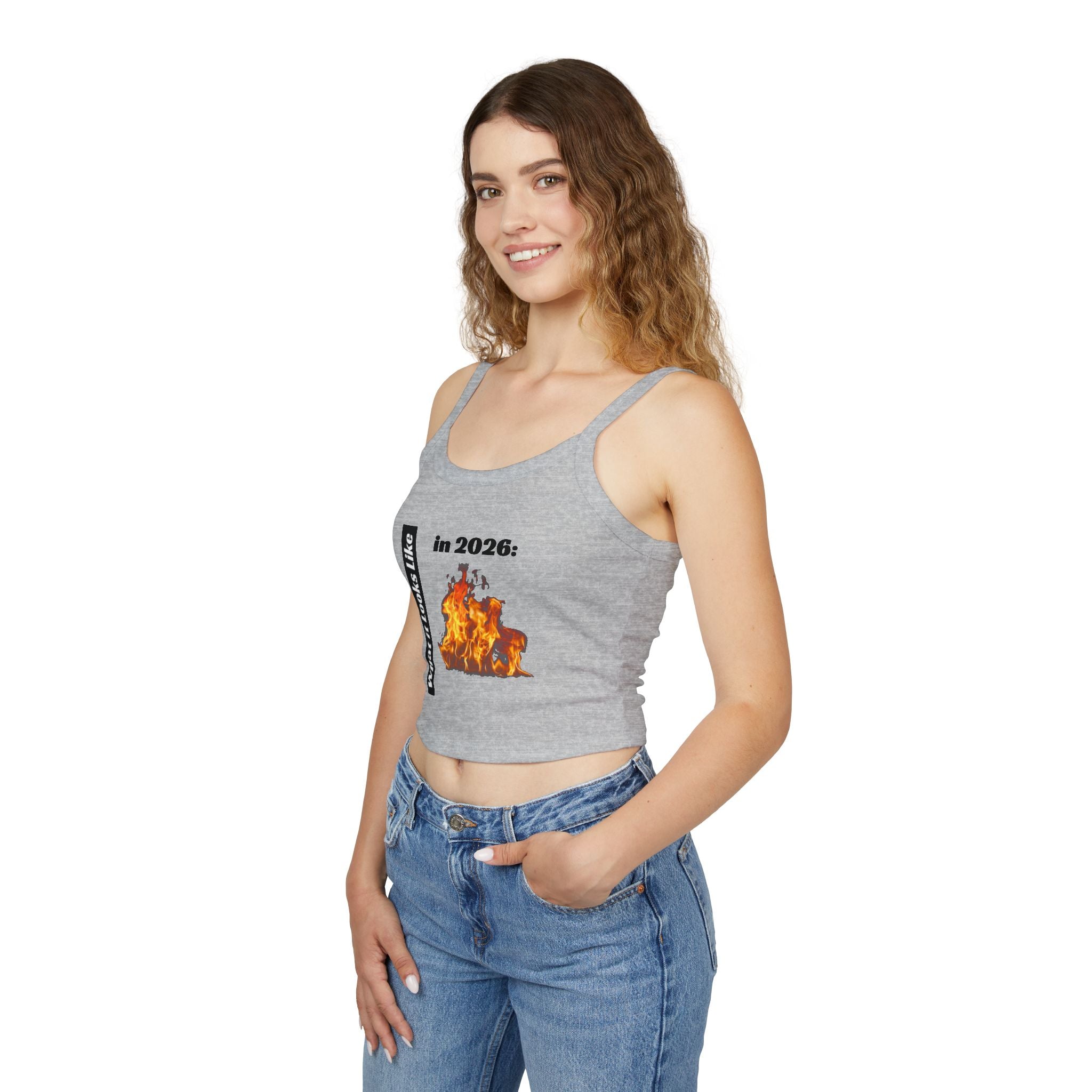 Flaming 2026 Graphic Crop Tank Top — Women's Spaghetti Strap