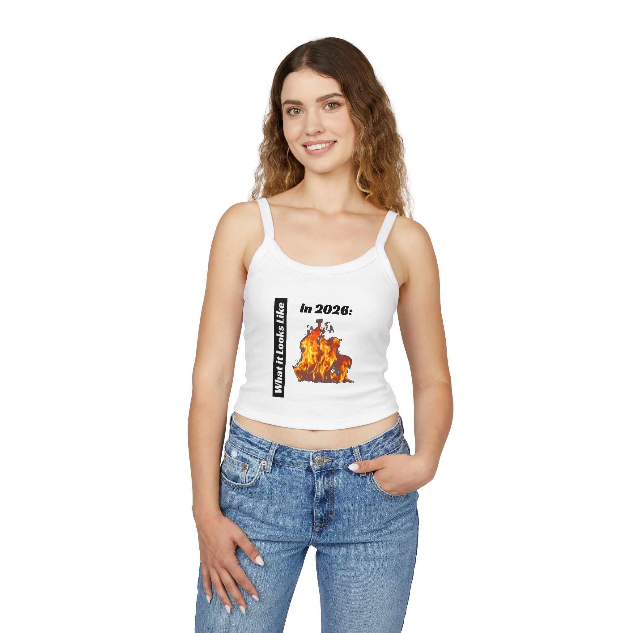 Flaming 2026 Graphic Crop Tank Top — Women's Spaghetti Strap